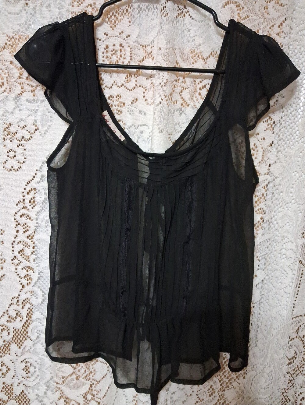 Black Sheer Women's Cap Sleeve Top Ties Down Open Back Size L